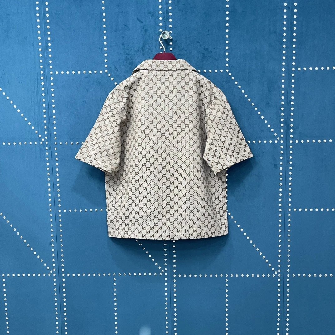 Gucci T-shirt Full Print Double G Small Jacquard logo Shijia Turn-down Collar Short Sleeve Shirt Unisex Versatile Business Casual Slim Fit Jacket