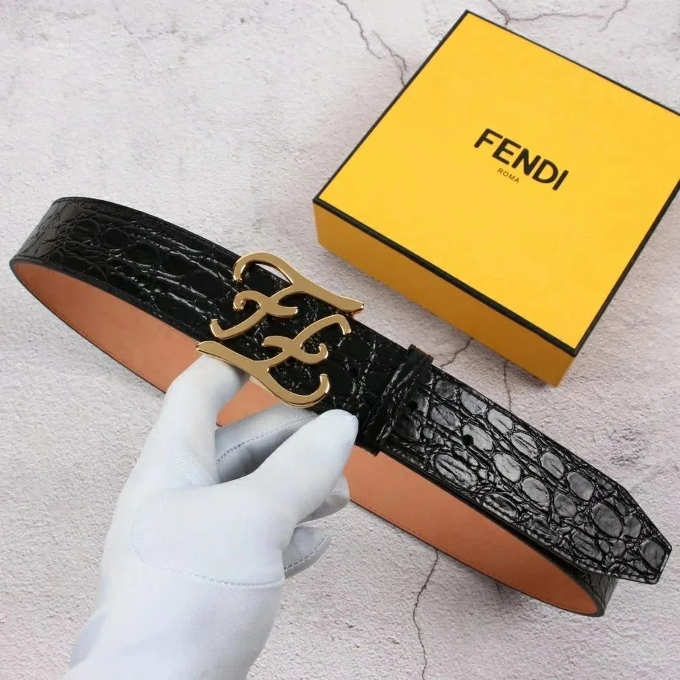 FENDI Belt Top version New European Station Monster Belt Men's Belt Genuine Leather Pure Cowhide Trendy Wild Casual Men's and Women's Brass Buckle Belt