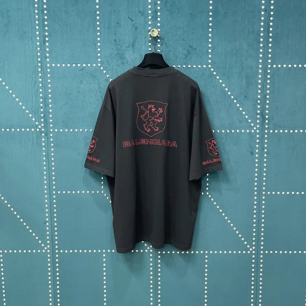 Balenciaga T-shirt Red stripe embroidery on the chest logo round Neck Short Sleeve25ss New Pure Cotton Unisex Style T T-shirt OS Loose Fit Base Shirt Top Half Sleeve T-Shirt