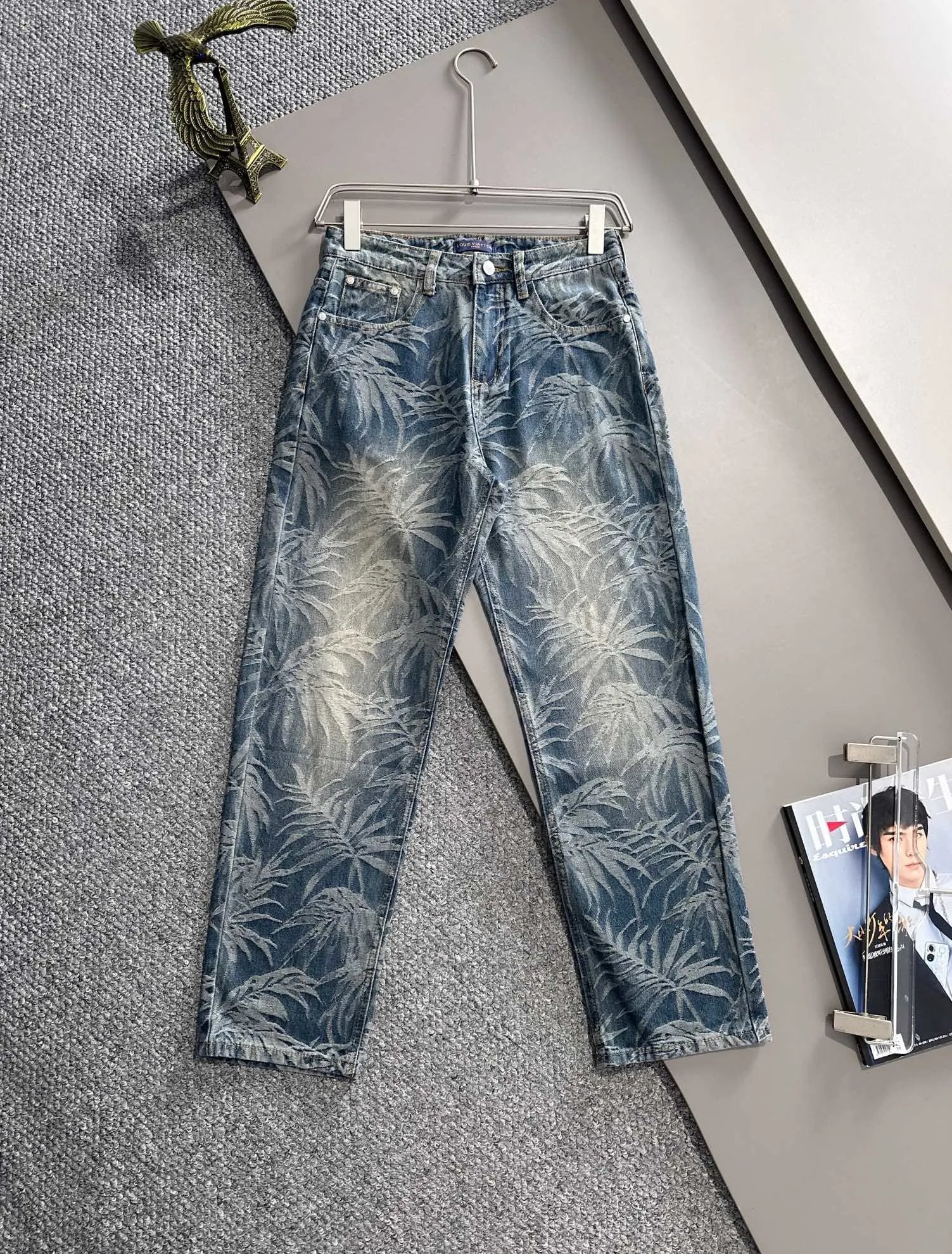 Louis Vuitton LV Jeans Jacquard Leaf Hole25ss Spring Summer New Straight Leg Jeans Waist Adjustable Unisex Loose Fit Long Pants