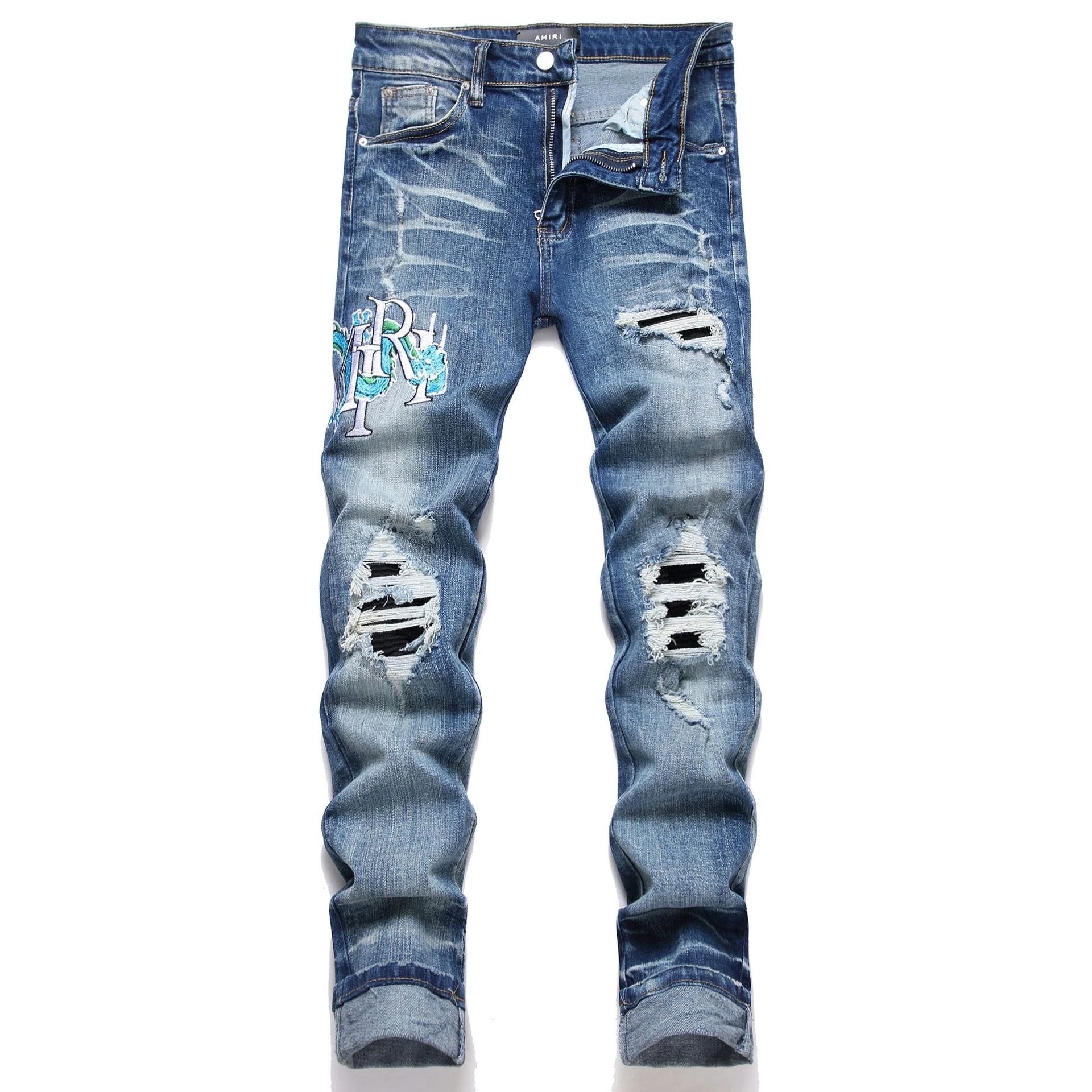 Amiri Jeans New Foreign Trade Style Fashion Blue with Holes Paste Cloth Embroidery Elastic Mid-Waist Feet Men's Jeans