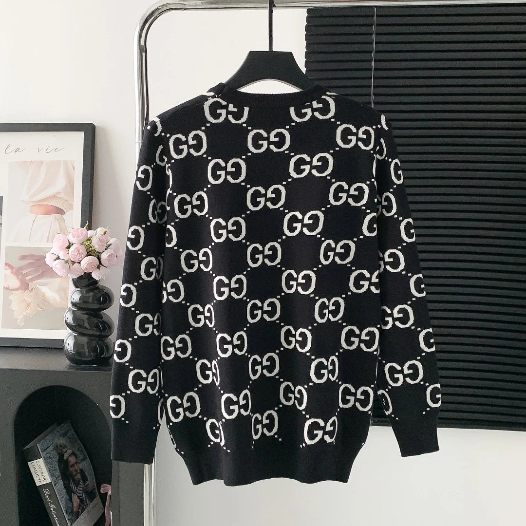 Gucci Sweater Double G Full Print Crew Neck Sweater25ss Spring New Thickened Long Sleeve Pullover Unisex OS Loose Fit Top Versatile Casual Jacket Lazy Style