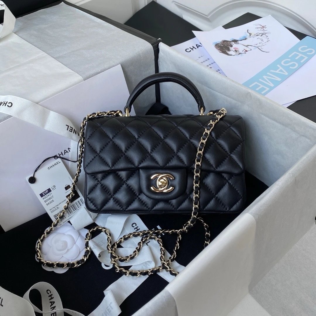 Chanel Women's Bag Top version 【Original Leather with the Highest Quality Version】Small24K Patent Leather Handle Box Bag Cosmetic Bag AS2431Handle CF Bag Doll24KCFminihandle Handle Bag Sheepskin Women's Bag24P Woolen Sequins Flap Bag Mobile Phone Bag Port