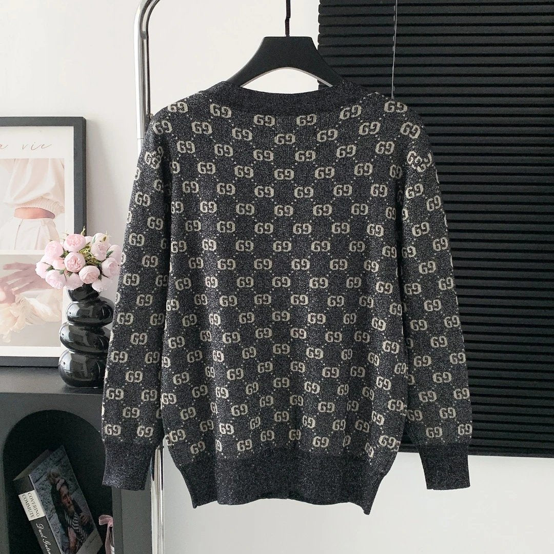 Gucci Sweater Silver Thread Double-Sided Jacquard V Cardigan Sweater25ss Spring New Men's and Women's Same Style Long Sleeve Soft Lazy Style Jacket OS Loose Fit Versatile Casual