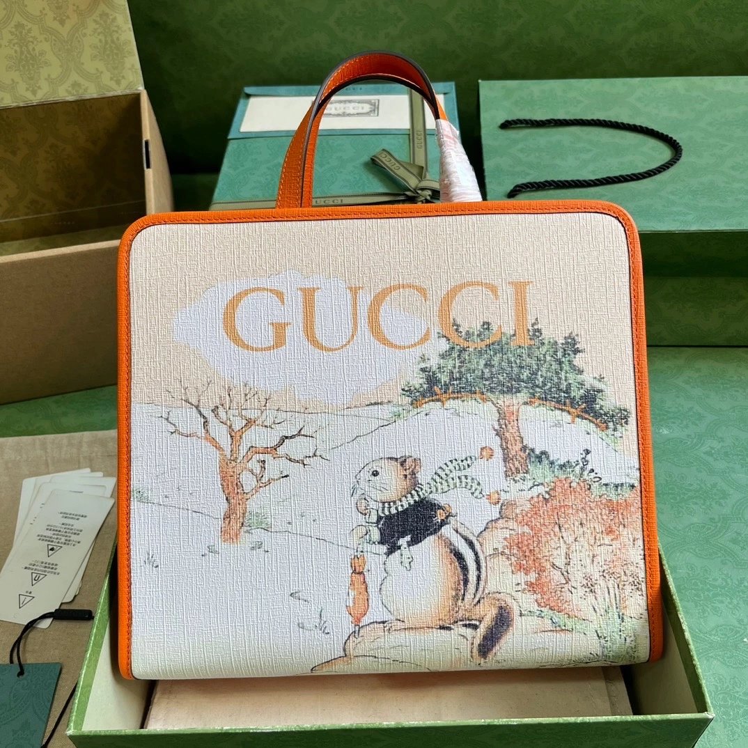 Gucci Women's Bag Top version 【**Version】2023New Children's Printing Series Tote Bag Pink Jason Pattern2024New Children's Bags Tote Package Vegetable Basket Bag605614New Sausage Dog Bichon LADYBIRD