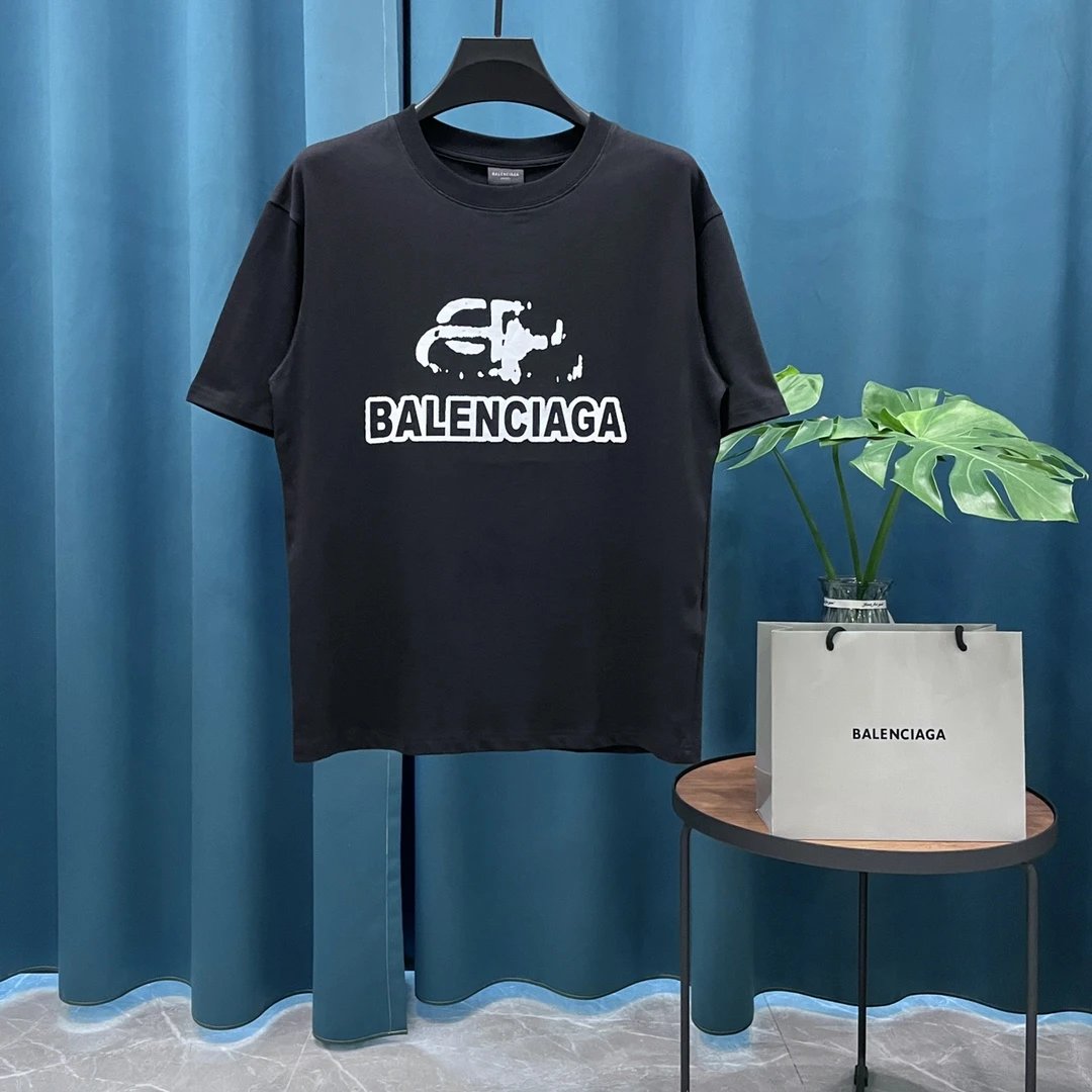 Balenciaga T-shirt Double-breasted B Printing logo round Neck Short Sleeve25ss New Pure Cotton Unisex Style T T-shirt OS Loose Fit Base Shirt Casual Top Short Sleeve T-Shirt