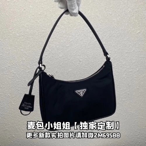 PRADA Bag Top version Original Order2020Re-Edition Autumn and Winter New Leather Shoulder Strap Hobo Nylon Shoulder Bag Underarm Bag Handbag Women's Bag2005