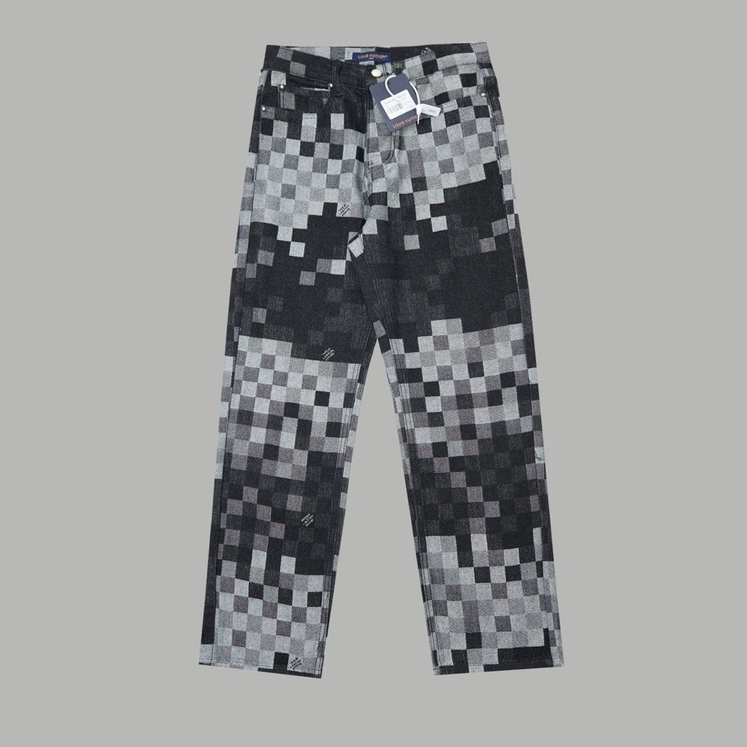 Louis Vuitton LV Jeans Allover Checkerboard Print logo25ss Spring Summer New Straight Loose Jeans Unisex Slim Fit Long Pants