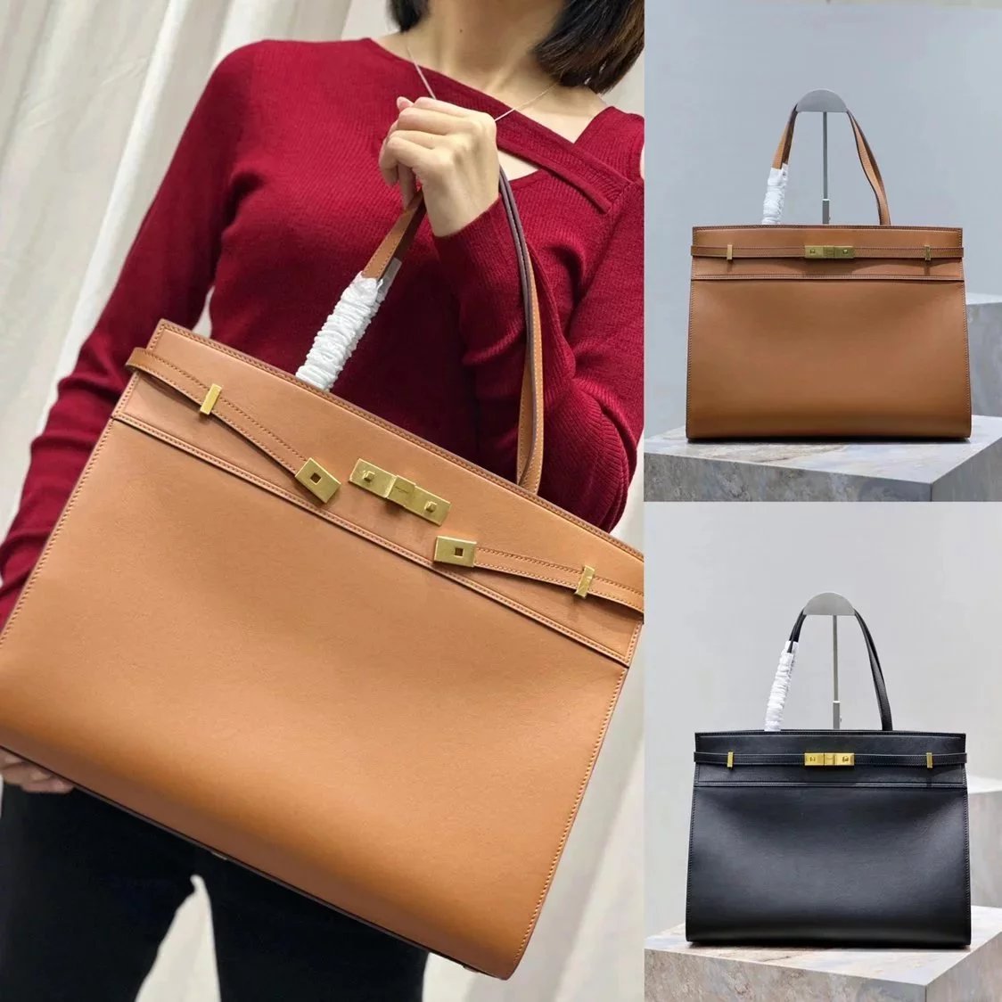 YSL Women's Bag Top version Surrogate Shopping Grade New Manhattan Beautiful New Manhattan Shopping Bag Imported from Original Factory box Leather Mixed Back Flat Tote Bag Commute Leisure Handbag