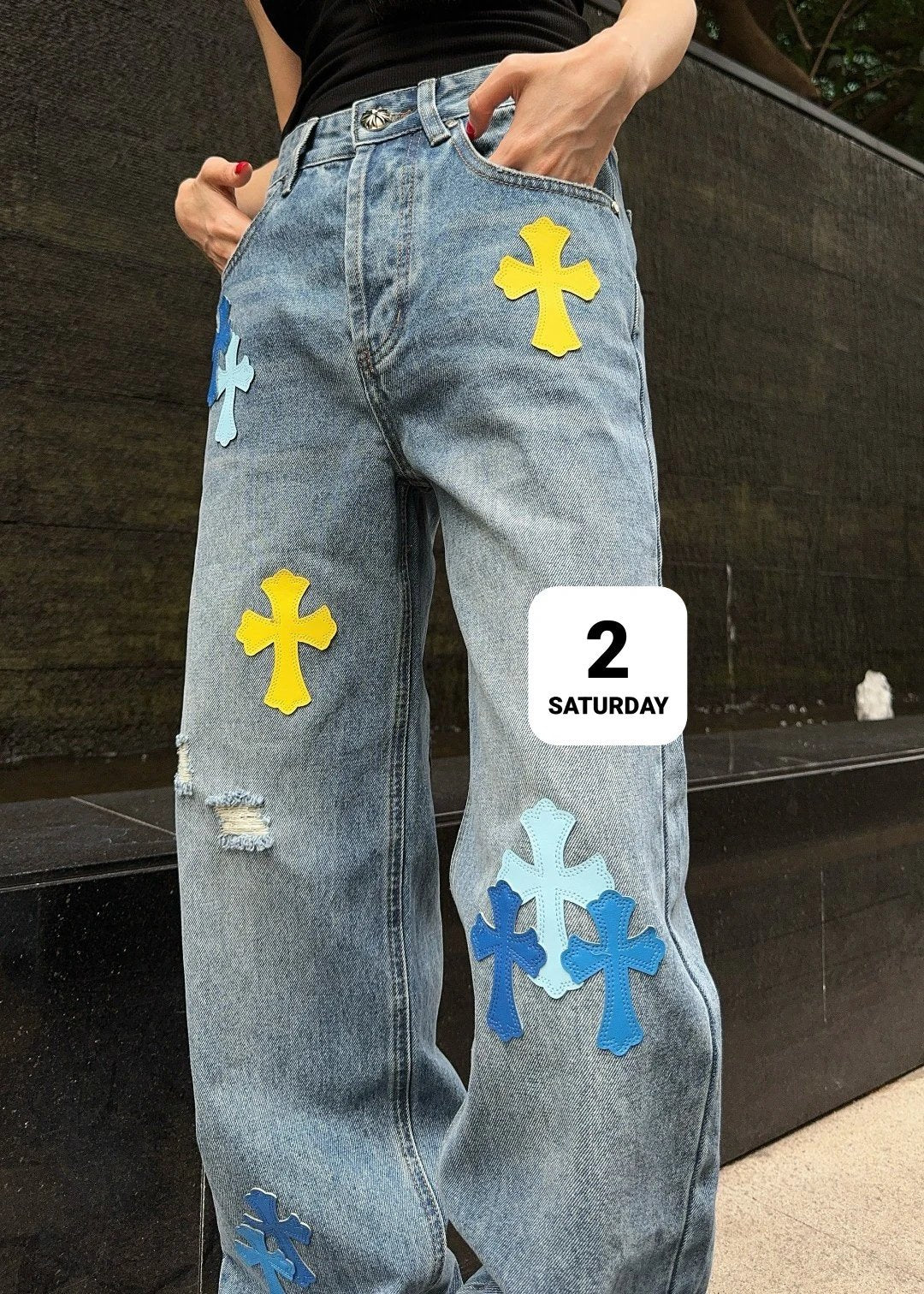 Chrome Hearts Jeans Classic Candy Color Cross Denim Pants Vintage Blue Washed Women's Versatile Casual