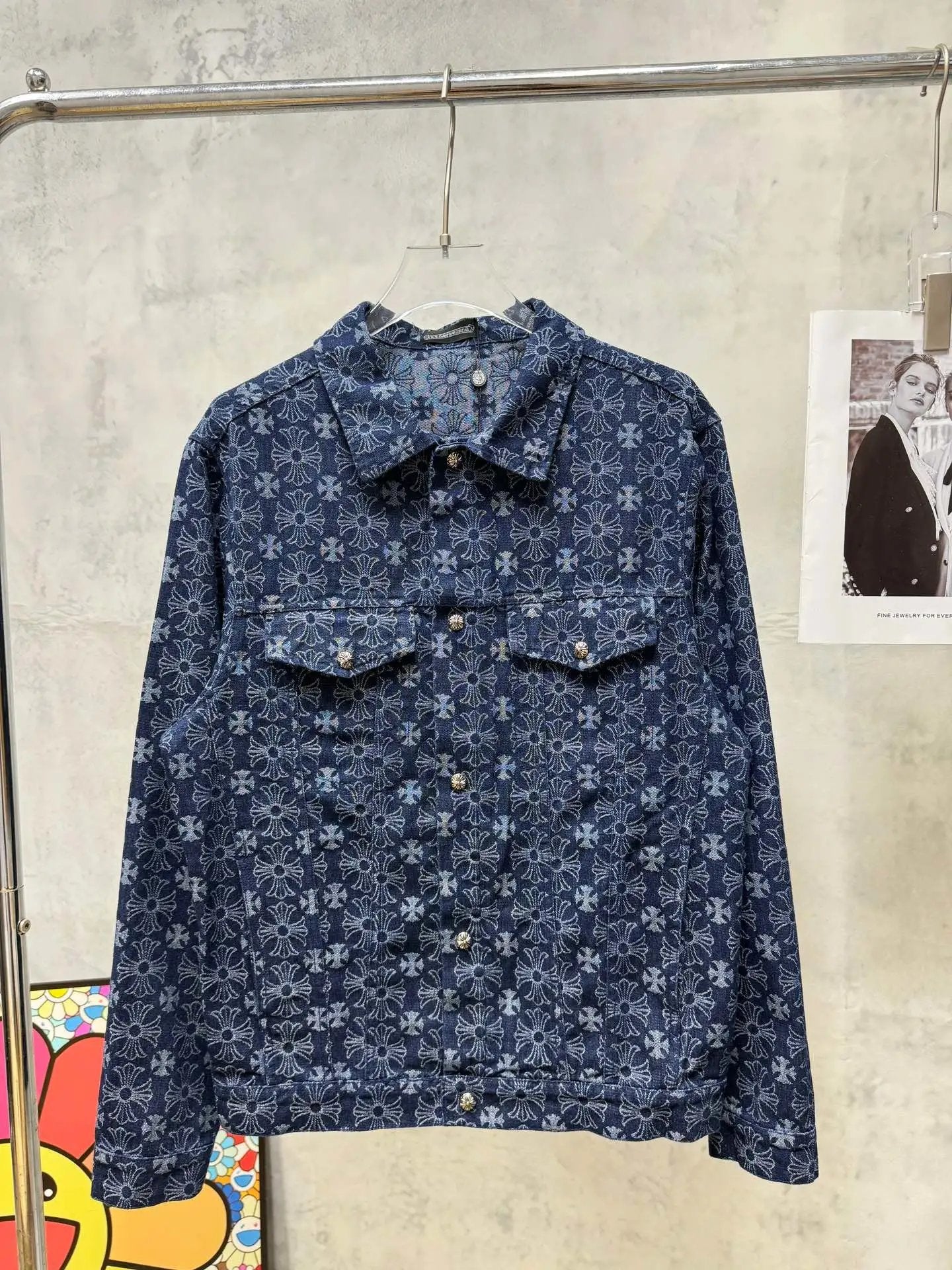 Chrome Hearts Jeans Full Print Logo Dark Pattern Washed Jacquard Denim Jacket Casual Loose Versatile Turn-down Collar Cardigan Jacket Unisex24ss Autumn and Winter New Products