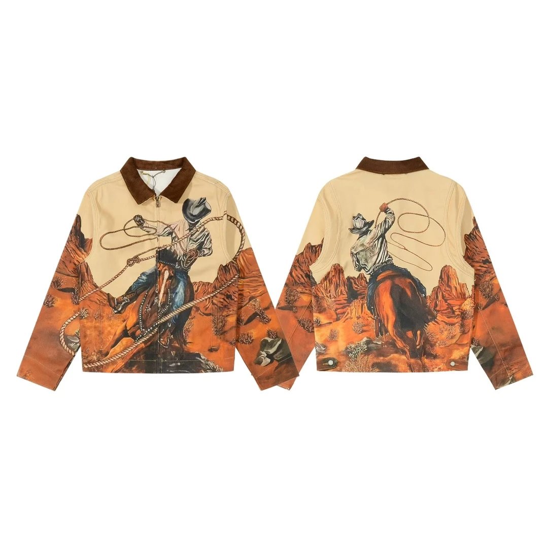 Louis Vuitton LV Jackets 24FW Vintage Bonfire Series Horse Riding Pole Western Cowboy Print Couple Lapel Denim Jacket Unisex