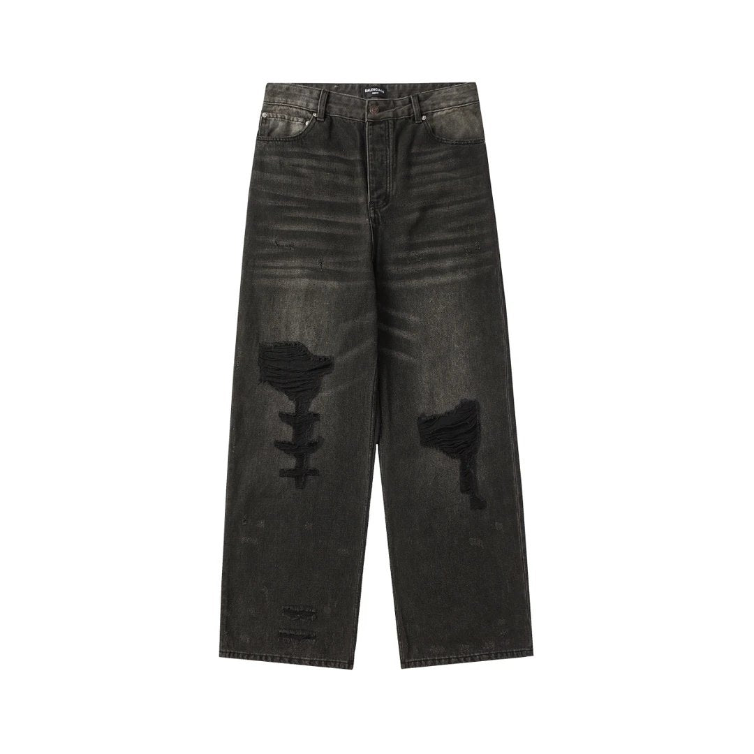 Balenciaga Jeans Pudding Dyed Dirty Denim Pants Casual Pants Straight Pants Wide-leg Pants High-waisted Pants Loose Long Pants Unisex24ss Autumn and Winter New Products