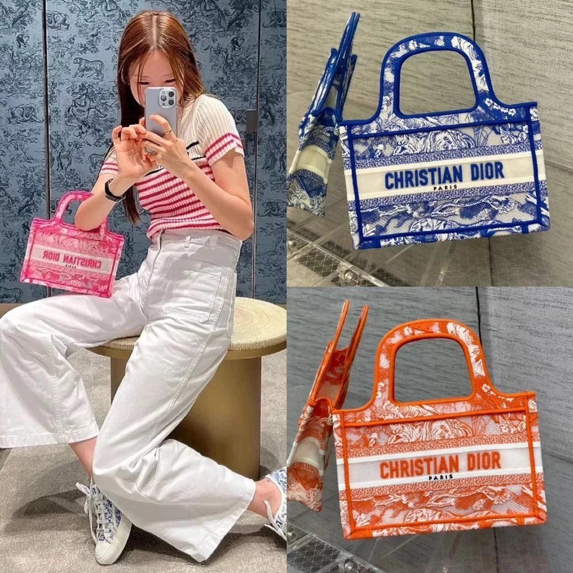 Dior Women's Bag Top version 【Original Leather】2022Spring and Summer New Products MiniTote Bag Ruyi Printing Latest Hollow Series Mini Fluorescent Color Super Mini Tote Bag Shopping Bag Vegetable Basket Bag New Mini tote Package Shopping Bag Children's Ba