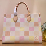 Louis Vuitton LV Women's Bag Top version 【Original Leather Pattern】2024Spring and Summer New ONTHEGOmm Handbag Medium Light Color Chessboard Plaid Tote Bag Shopping Bag Handbag Plaid Tote Women's Shoulder Bag N40518