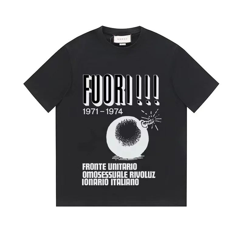 Gucci T-shirt Black and White Print on Chest logo round Neck Short Sleeve25ss New Pure Cotton Unisex Style T T-shirt OS Loose Fit Base Shirt Top Half Sleeve T-Shirt