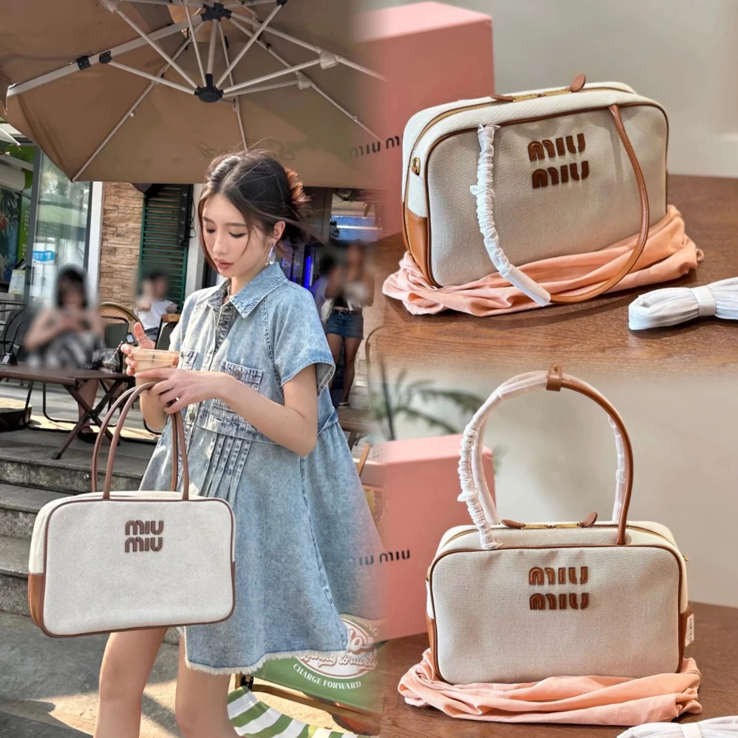 Miu Miu Bag Top version Canvas Stitching Leather Stitching Briefcase softypaddedboston Large Size Boston Bag Bowling Bag logo Letter Embroidery Handbag Handbag Clutch Messenger Bag Shoulder Bag Women's Bag2024Spring and Summer New Show Style