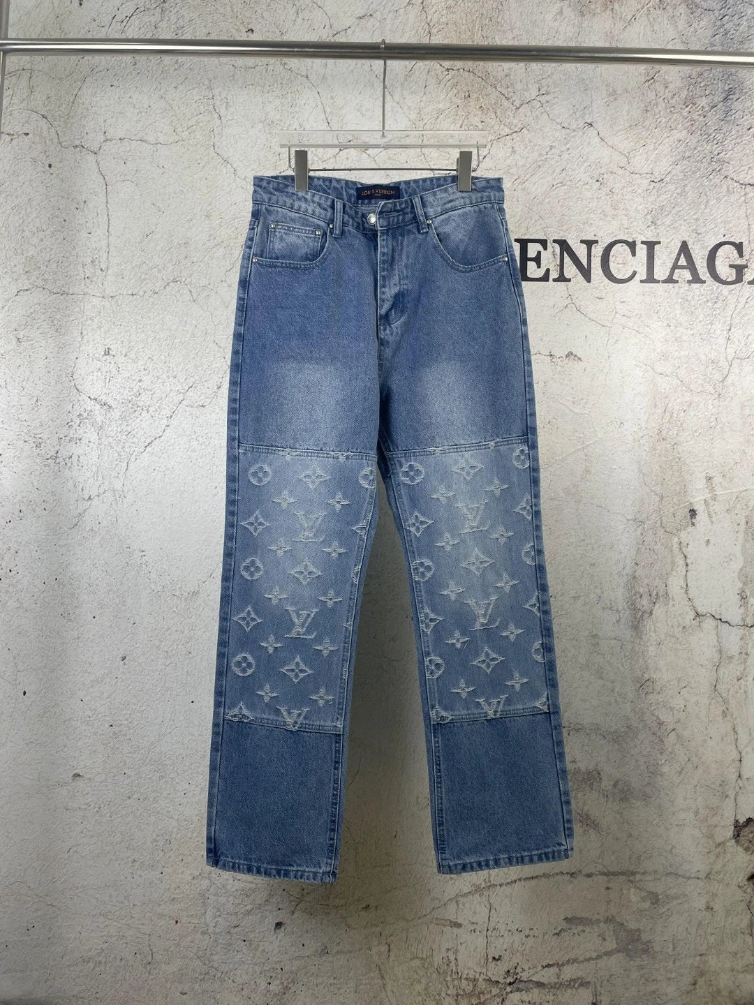 Louis Vuitton LV Jeans Vintage Patchwork Jacquard Straight Washed Blue Jeans Autumn Winter New Unisex Loose Casual Wide Leg High Waist Pants