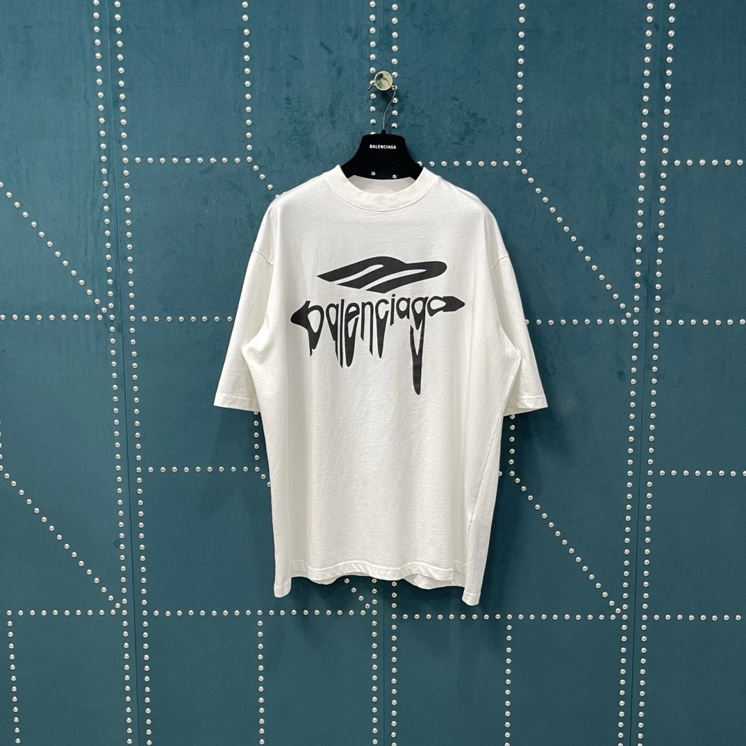 Balenciaga T-shirt Front Dissolved Letter Print logo round Neck Short Sleeve25ss New Pure Cotton Unisex Style T T-shirt OS Loose Fit Base Shirt Half Sleeve T-Shirt Top Half Sleeve