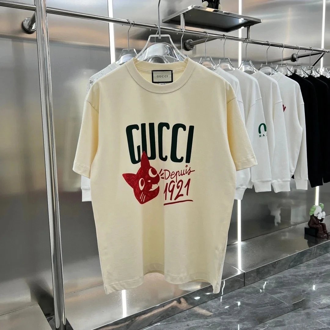 Gucci T-shirt Chest Cat Letter Print logo round Neck Short Sleeve25ss New pure cotton T Unisex T-Shirt OS Drop Shoulder Loose Fit Base Shirt Top T-Shirt Short Sleeve
