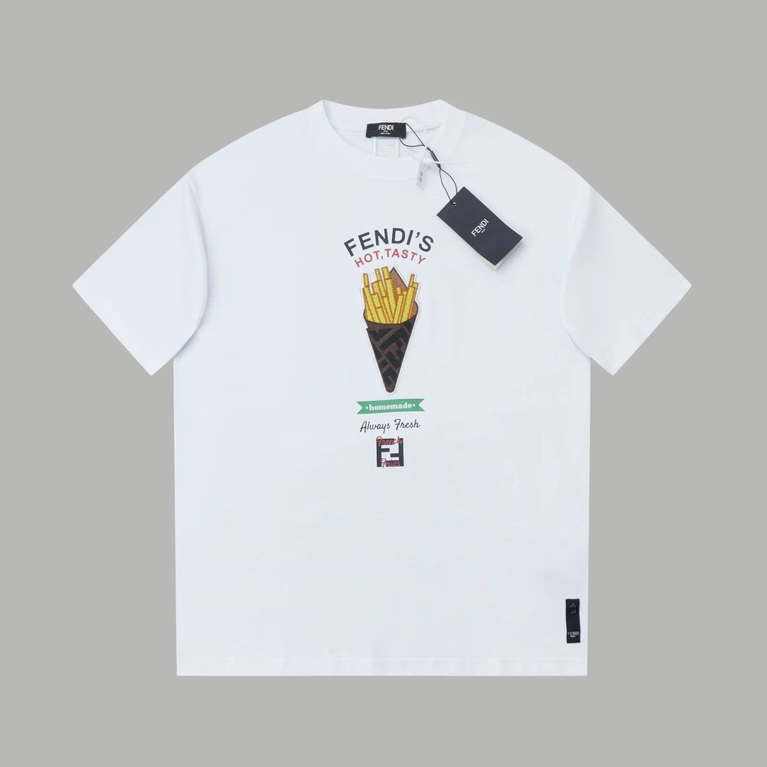 FENDI T-shirt French Fries Patch Badge Embroidery on Chest logo round Neck Short Sleeve25ss New Pure Cotton Unisex Style T Casual T-Shirt Base Layer Shirt OS Loose Fit Half Sleeve Top Plus Size