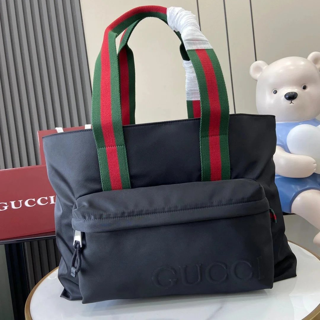 Gucci Tote Bag/Briefcase/Travel Bag Top version 【High Version Original Leather】24Autumn and Winter New Decoration Logo Large Tote Bag Black Nylon Cloth Men's Series Casual Nylon Tote Bag Tote Handbag Men's Handbag Lightweight Computer Bag Nylon Cloth Bag8