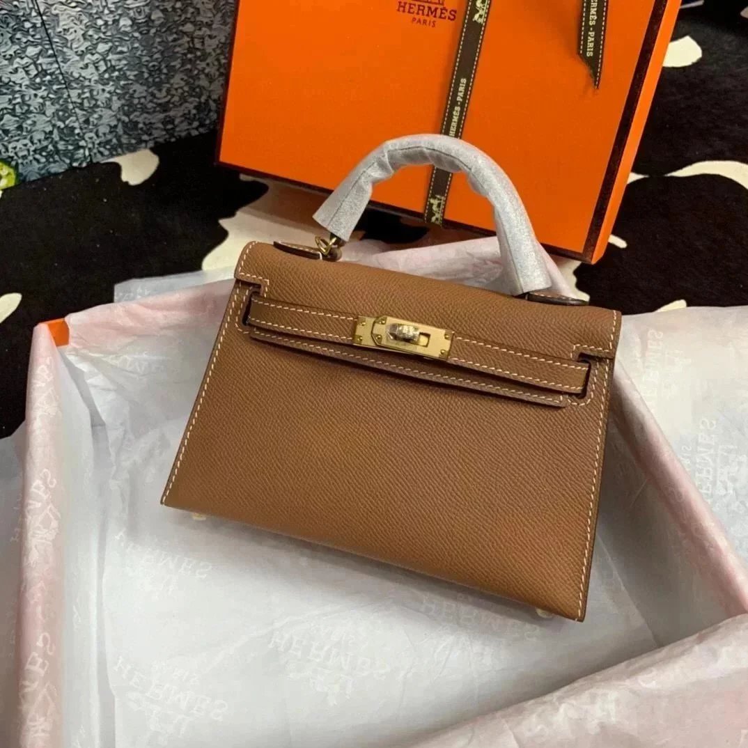 Hermes women's bag Top version New Women's Bag Minikellyll Kelly Bag Second Generation Epsom Leather Handmade Wax Line19cm