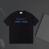 Gucci T-shirt Blue letter print on the chest logo round Neck Short Sleeve25ss New Pure Cotton Unisex Style T Casual T-Shirt Base Layer Shirt OS Loose Fit Half Sleeve Top Plus Size