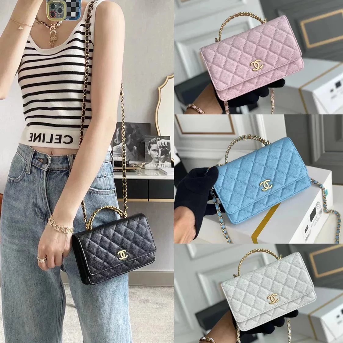 Chanel Women's Bag Top version 【Highest Version】22s New Women's Bag Handle Letters woc Envelope Package Handbag Caviar Cowhide Ball Pattern Flap Bag Chain Messenger Bag Handbag Shoulder Bag Clutch Women's Bag