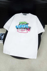 Louis Vuitton LV T-shirt Colorful Letter Print on the Chest logo round Neck Short Sleeve25ss New Pure Cotton Unisex Style T Casual T-Shirt Base Layer Shirt OS Loose Fit Half Sleeve Top Plus Size