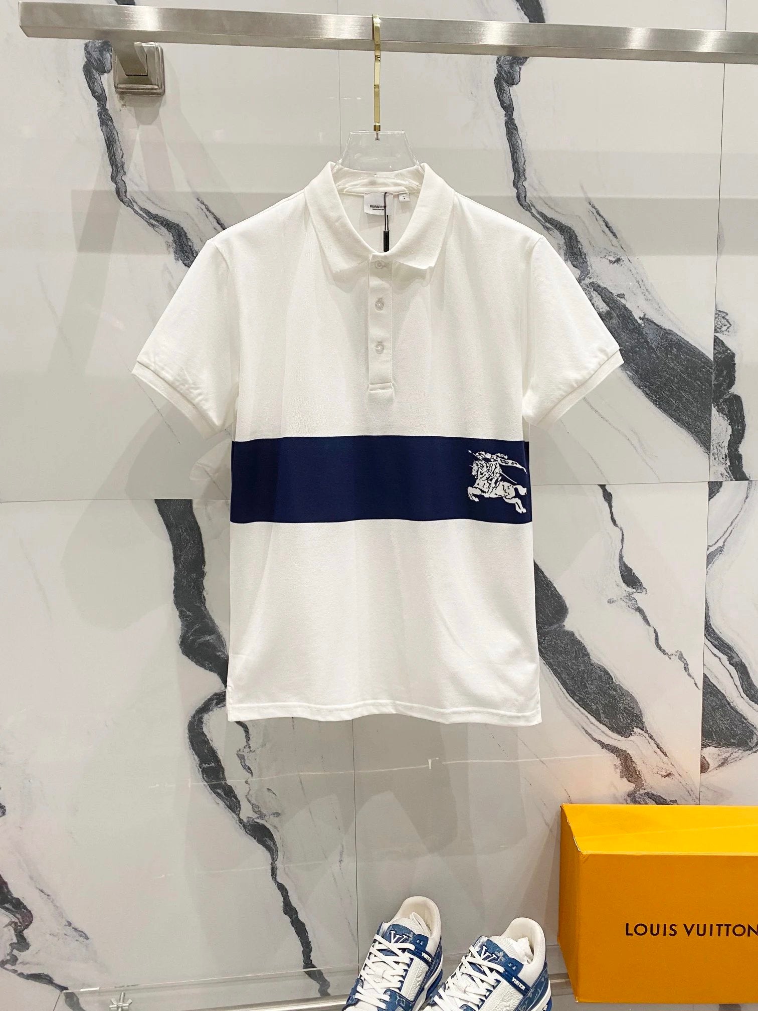 Burberry T-shirt LOGO Striped Surround Patchwork Print POLO Short Sleeve Shirt with Turn-down Collar for Men and Women, Summer Half Sleeve OS Loose T Business Casual Half Sleeve Shirt Plus Size T-Shirt