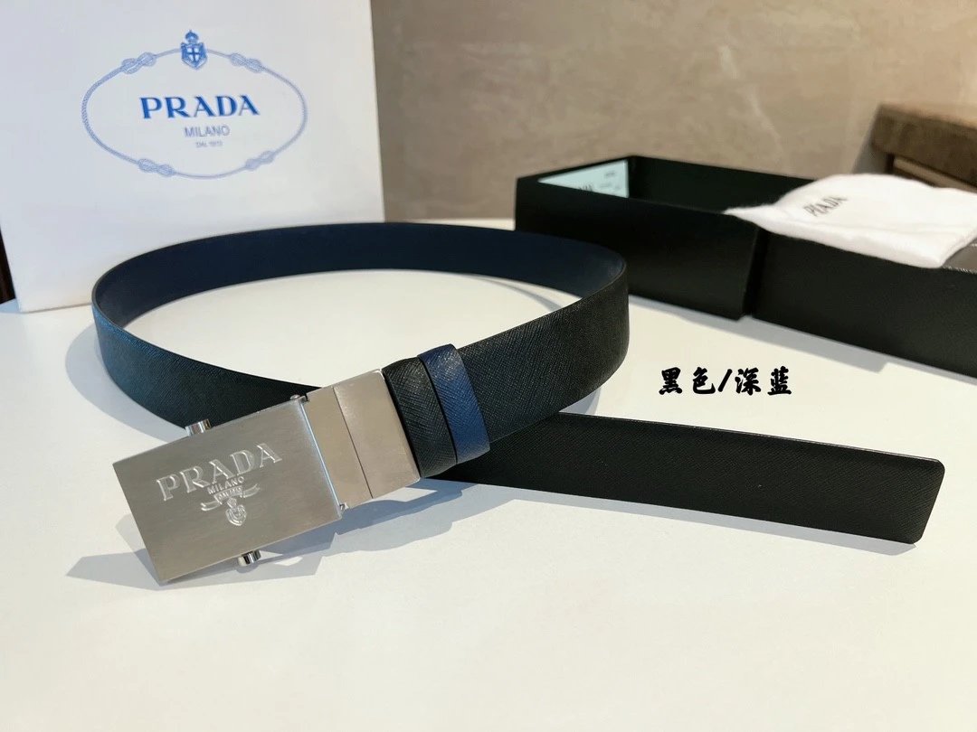 PRADA Belt Top version 【First Layer Cowhide】Men's Belt P Home Classic Business Belt Fashion Casual Width:3.5cm Boutique Pattern Automatic Buckle316Fine Steel Made Selected First Layer Cowhide Italian Leather Embryo PA Sliding Teeth Are Strong and Durable