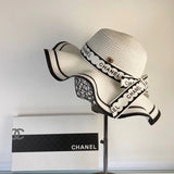 Chanel Hat 2023New Wave Brim Bow Straw Hat Straw Hat Bowler Hat Detail Control，Simple and Elegant，All-Matching Item～First Choice for Getting out of the Street，New Hat Type Super Beautiful and Greasy