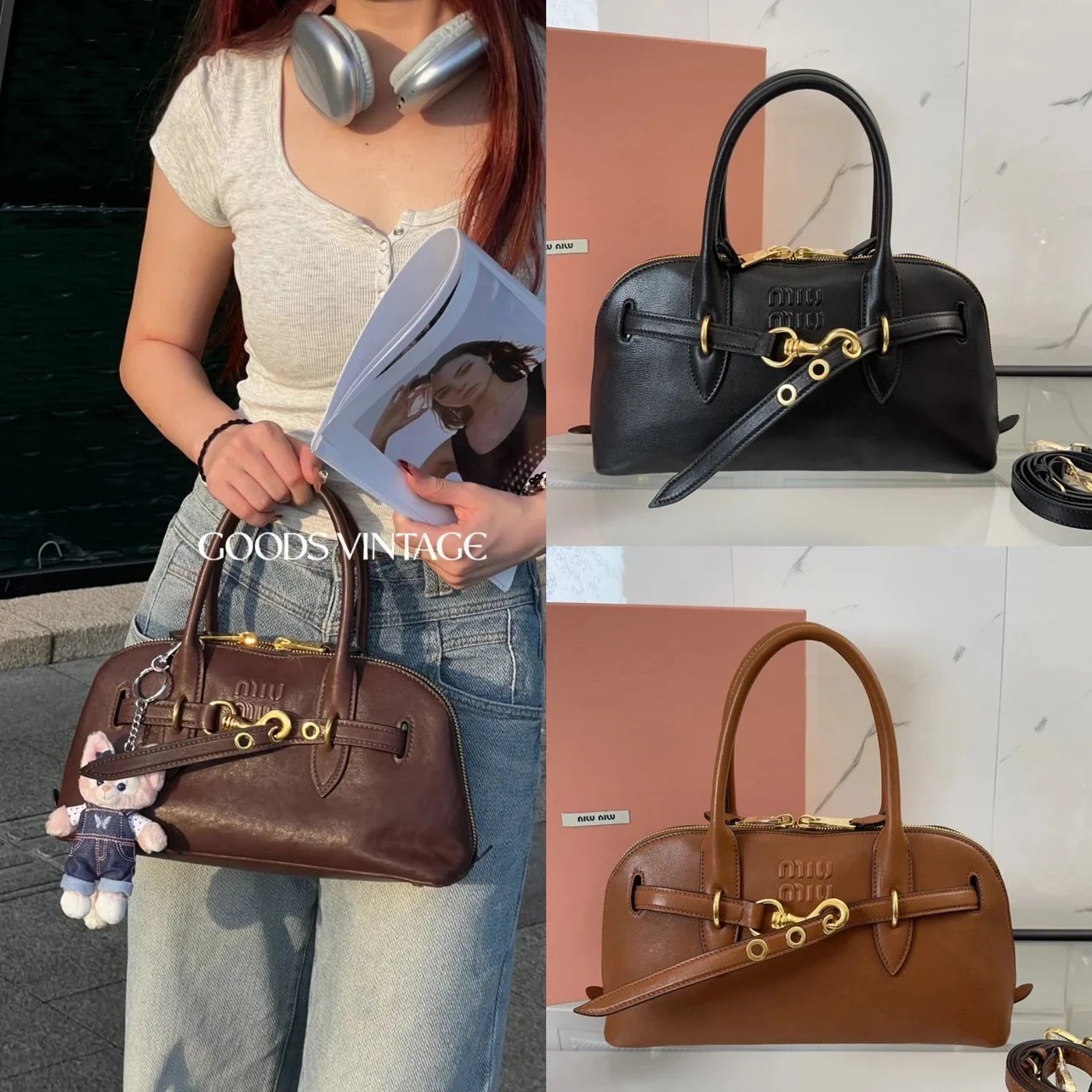 Miu Miu Bag Top version 【Original Leather Version Surrogate Shopping】MiuAventureNappa Small Size Leather Handbag Shell Bag2024Autumn and Winter New Bowling Bag Genuine Leather Women's Bag Shoulder Bag Messenger Bag