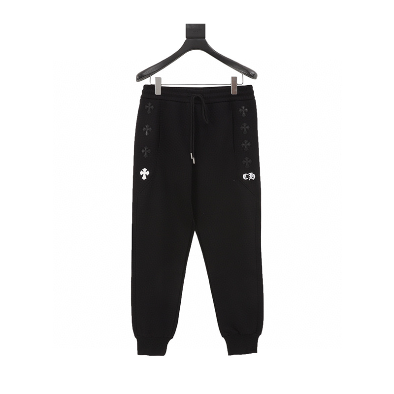 Chrome Hearts Sweatpants 24Fw Pressing Leather on Both Sides shi Word Rack fan Embroidered Cotton Trousers for Men and Women