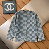 Louis Vuitton LV Jackets Round Neck Checkerboard Denim Jacket Fashion Simple Heavy Casual Short Denim Unisex Washed Vintage Turn-down Collar Jacket
