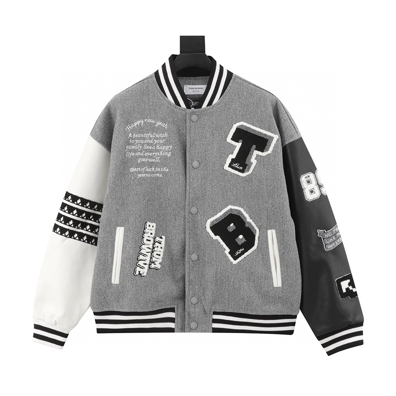 Thom Browne Jackets Flocking Logo Leather Sleeve Baseball Uniform Jacket Coat for Men and Women