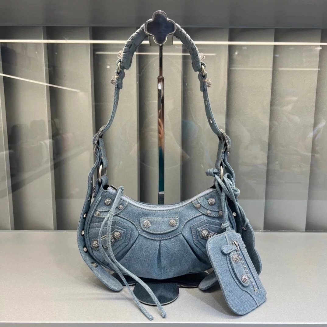 Balenciaga Bag Top version 【**Surrogate Shopping Edition】2022Spring and Summer New Denim Series LeCagole Hobos Dumpling Bag Motorcycle Bag with Diamond Denim Underarm Bag