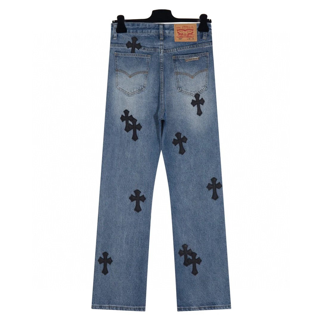Chrome Hearts Jeans Front and back black cross patch leather logo25ss Spring Summer New Straight Leg Jeans Unisex Slim Fit Long Pants Loose