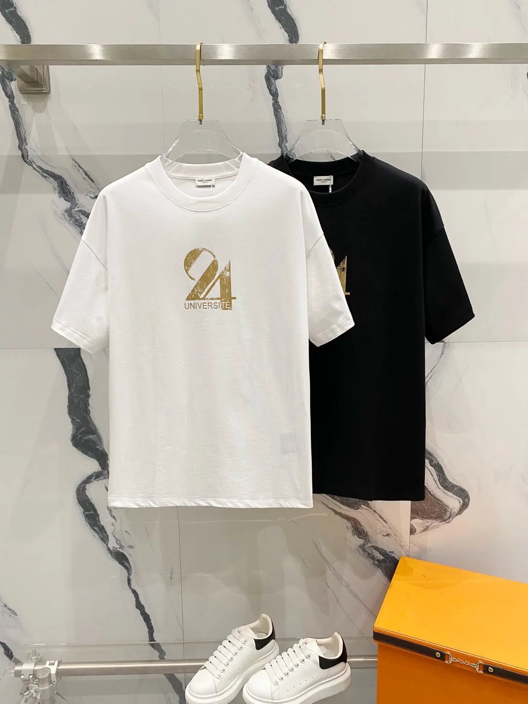 YSL T-shirt Gold Stamped Numbers24Letter Number LOGO Printed round Neck Short Sleeve25ss New Pure Cotton Unisex Style T T-shirt OS Loose Fit Base Shirt Short Sleeve T-Shirt Top