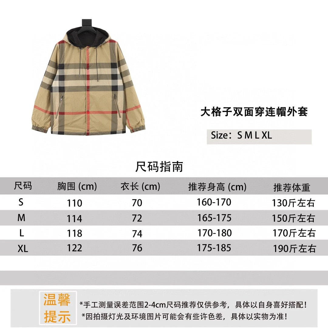 Burberry Jackets Large Plaid Double-Sided Hooded Jacket for Men and Women