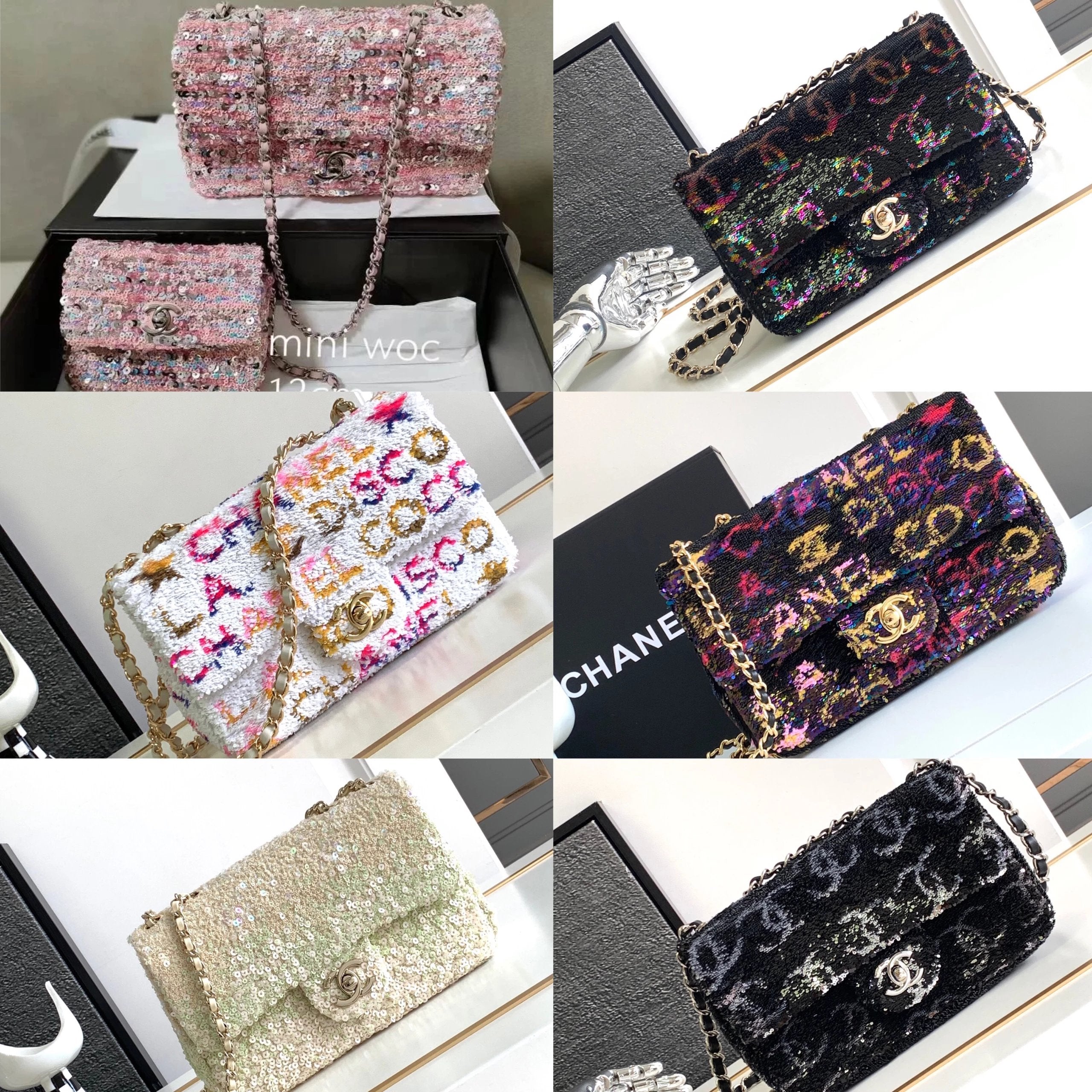 Chanel Women's Bag Top version 【Original Leather】23S Home New CF Large mini Sequin Bag Pink Sequins CF Flap bag WOC Small Waste Bag Lipstick Earphone Bag Mobile Phone Bag Ladies New Women's Bag Chain Bag Shoulder Bag24C Embroidered sequins CF Dinner Bag