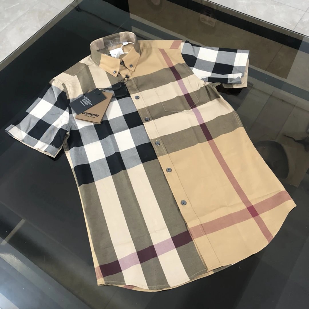 Burberry Shirt Short Sleeve Shirt25ss New Solid Color Vintage Plaid Striped Cotton Patchwork Striped Unisex Jacket Shirt Casual Business Versatile