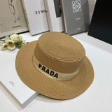 PRADA Hat Letter Embroidery logo Fisherman Hat Straw Hat Casual Sun Protection Face Covering UV Protection Outdoor Versatile Flat Top Bucket Hat