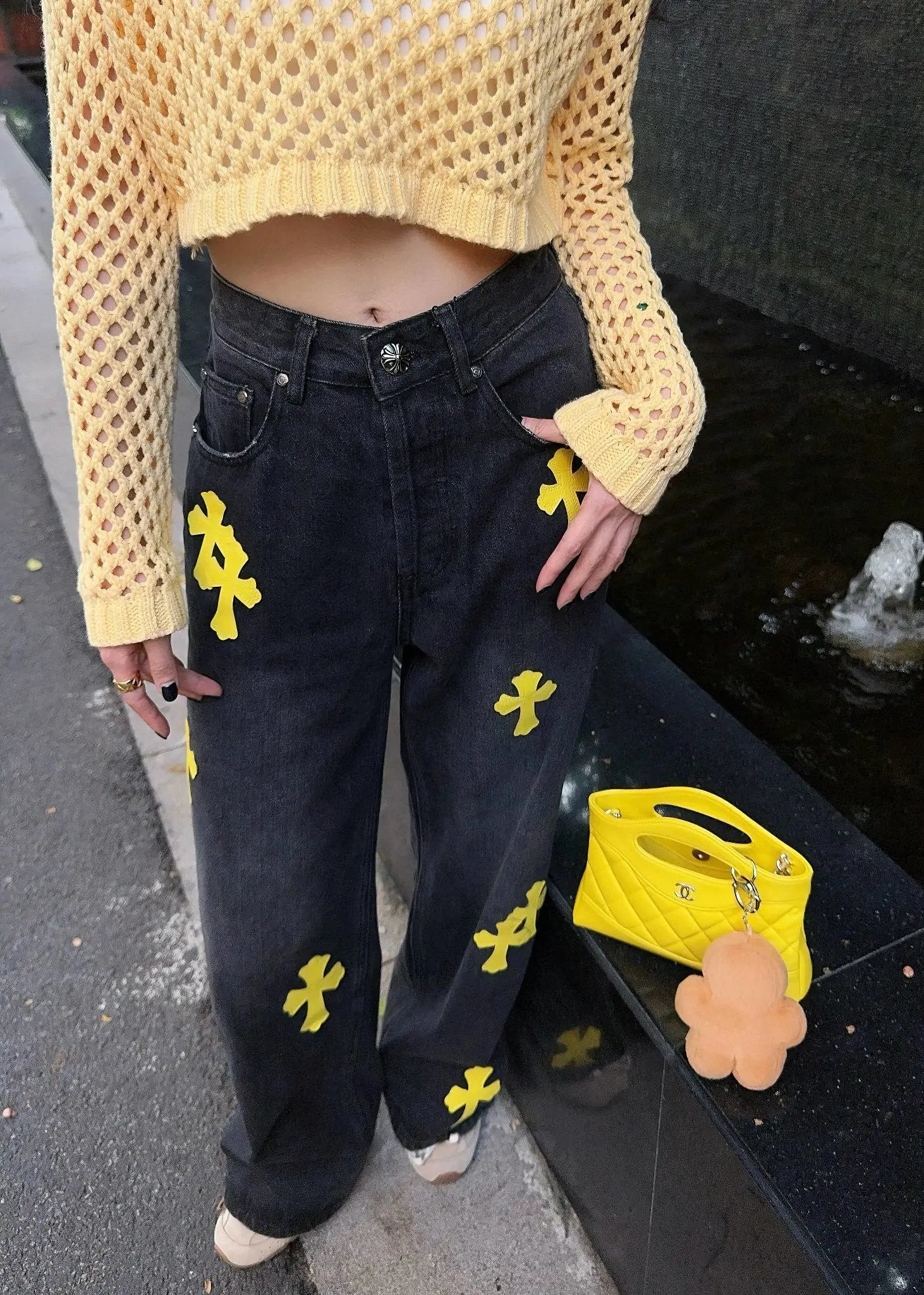 Chrome Hearts Jeans 24Classic Blue Yellow Leather Cross Denim Pants Retro Blue Unisex Couple Style Casual Versatile