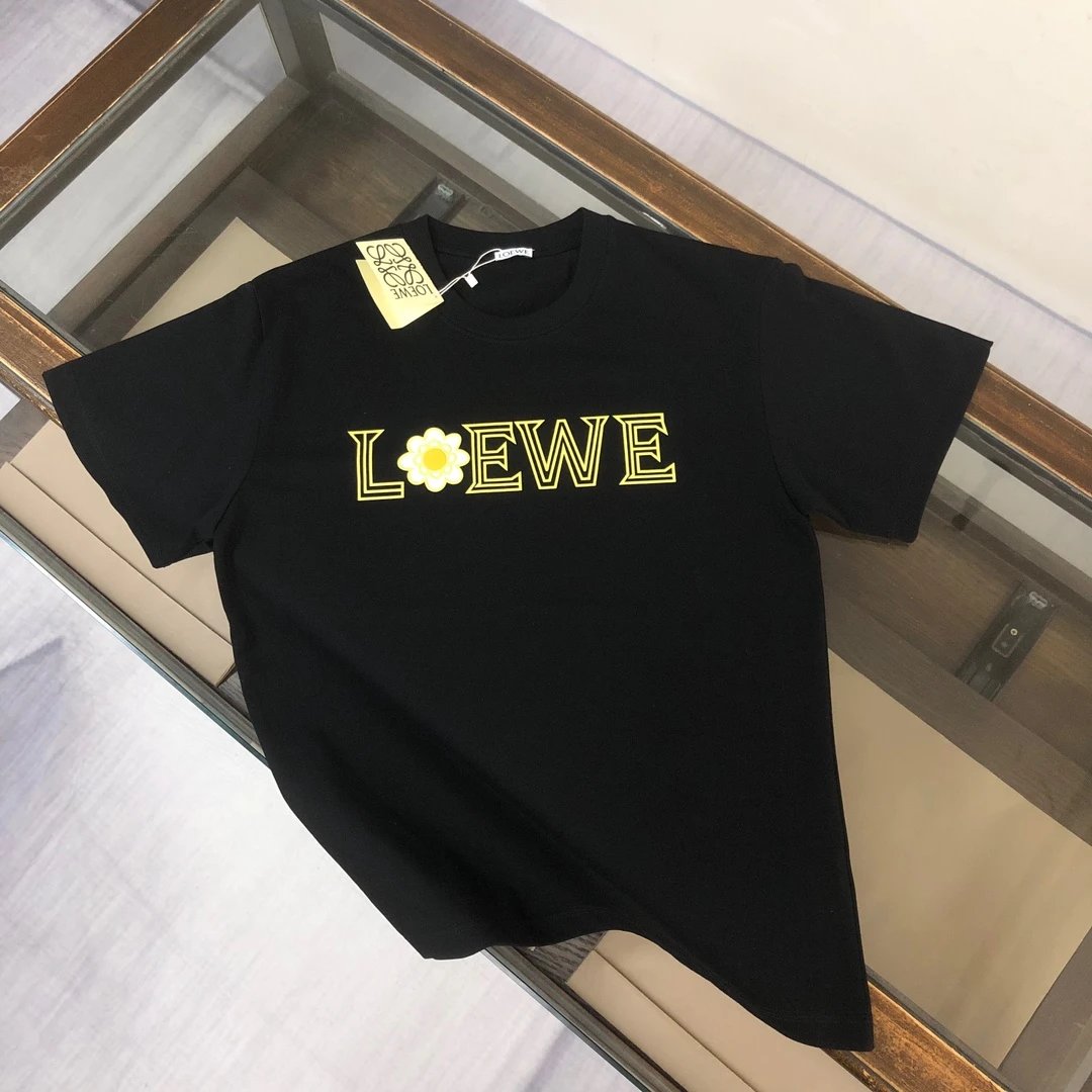 LOEWE T-shirt Floral Letter Print on the Chest logo round Neck Short Sleeve25ss New Pure Cotton Unisex Style T Casual T-Shirt Base Layer Shirt OS Loose Fit Half Sleeve Top Plus Size