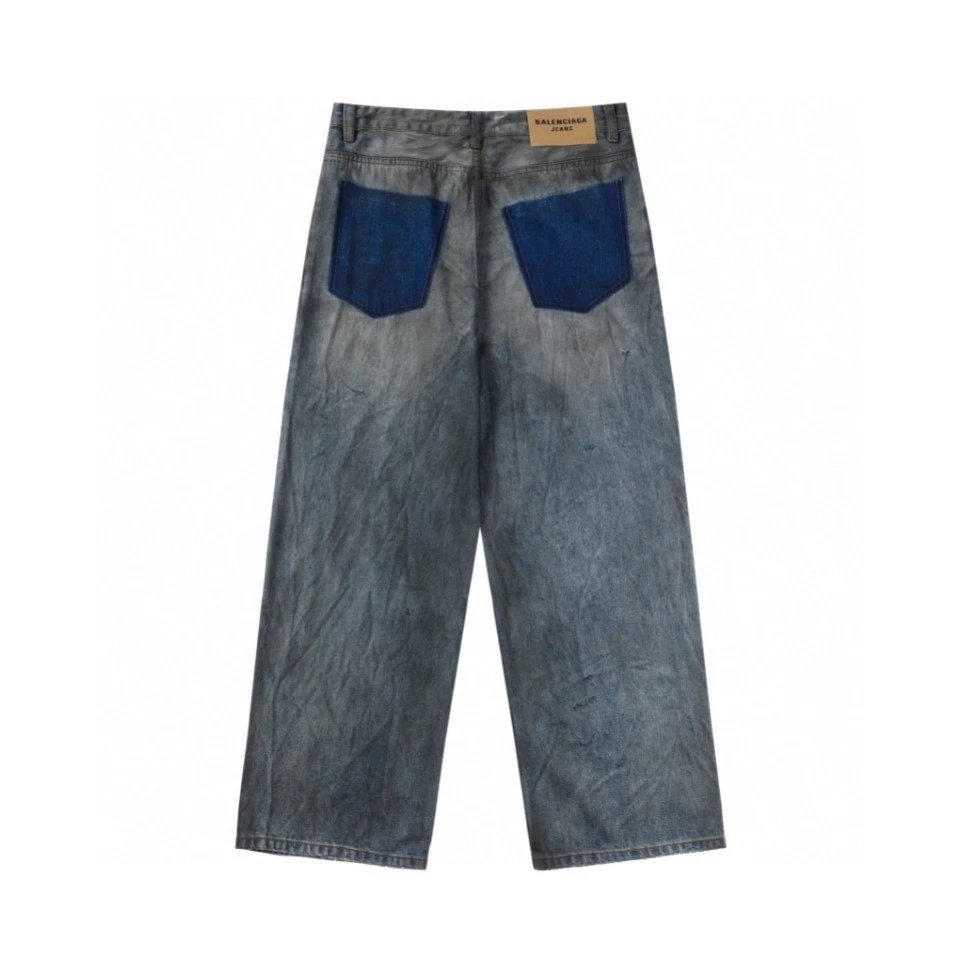 Balenciaga Jeans Hot-Selling Blue Washed Heavy-Duty Spray-Dyed Straight-Leg Jeans Autumn Winter New Unisex Loose Casual Wide-Leg High-Waist Pants
