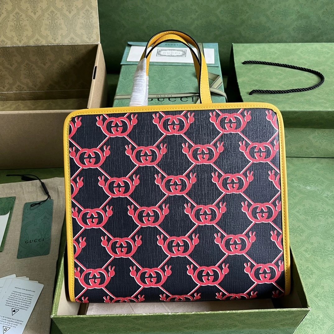 Gucci Women's Bag Top version 【**Version】2023New Children's Printing Series Tote Bag Pink Jason Pattern2024New Children's Bags Tote Package Vegetable Basket Bag605614New Sausage Dog Bichon LADYBIRD