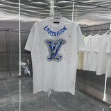 Louis Vuitton LV T-shirt Unique Hand-Painted Letter Chest Stain Print logo round Neck Short Sleeve25ss New Pure Cotton Unisex Style T Casual T-Shirt Base Layer Shirt OS Loose Fit Half Sleeve Top Plus Size