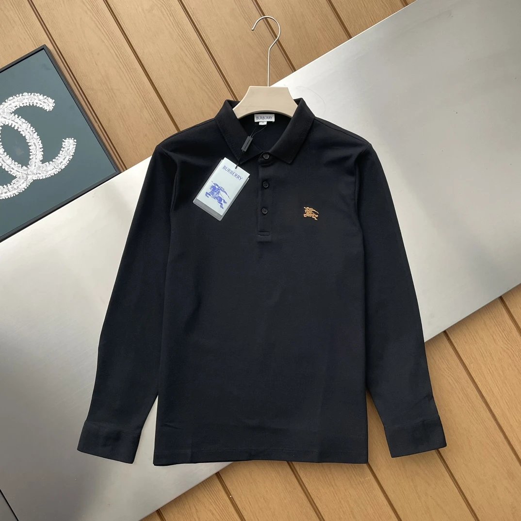 Burberry Hoodie 100% Cotton Pique Mesh Embroidered Loose Men's Long Sleeve POLO Classic Long Sleeve Turn-down Collar Shirt